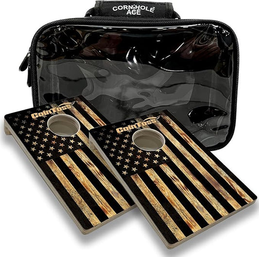 2 CoinToss Boards and Carry Case Set - USA Flag Burnt Wood
