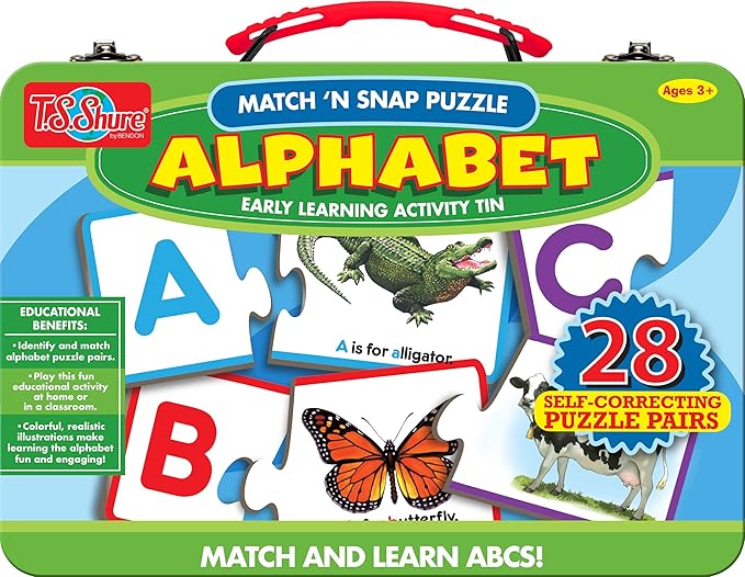 Bendon TS Shure Alphabet Letters 28-Piece Matching Puzzle with Tin Storage Case Pre-School Kindergarten Learning 51471