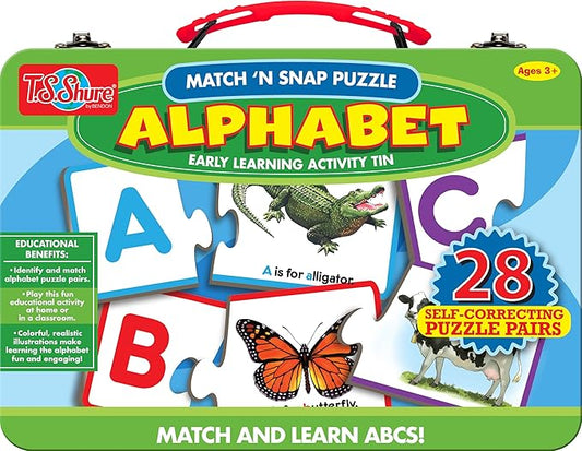 Bendon TS Shure Alphabet Letters 28-Piece Matching Puzzle with Tin Storage Case Pre-School Kindergarten Learning 51471