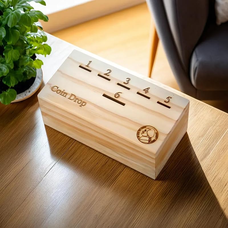T one woods coin drop game for kids/adult with dice and wooden box | penny game for family fun coin drop | coin drop game for family and friends (Design-1)