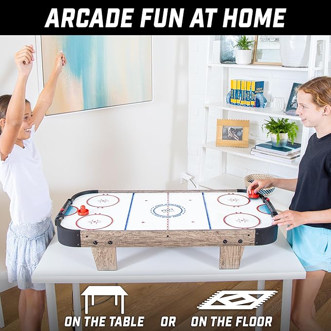 GoSports 40 Inch Table Top Air Hockey Game for Kids - AC Outlet Powered Motor – Oak or Black