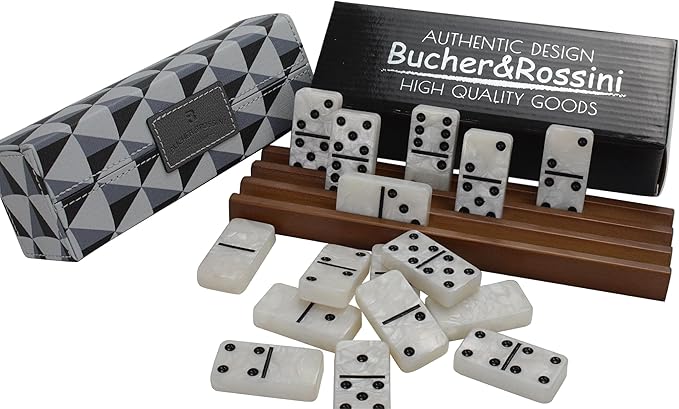 Dominos Set for Adults, Double 6 Domino Set, 28 Jumbo Marbleized White Tiles, Dominoes Set for Adults and Kids - Classic Board Games for Family & Travel (in Rhomb Pattern Leather Case)