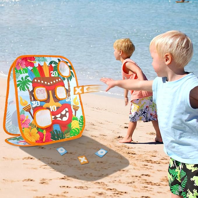 Bessmoso Luau Party Bean Bag Toss Games Hawaiian Tiki Party Games Double-Sided Collapsible Cornhole Board for Summer Tropical Party Family Outdoor Indoor Yard Kindergarten Party Games