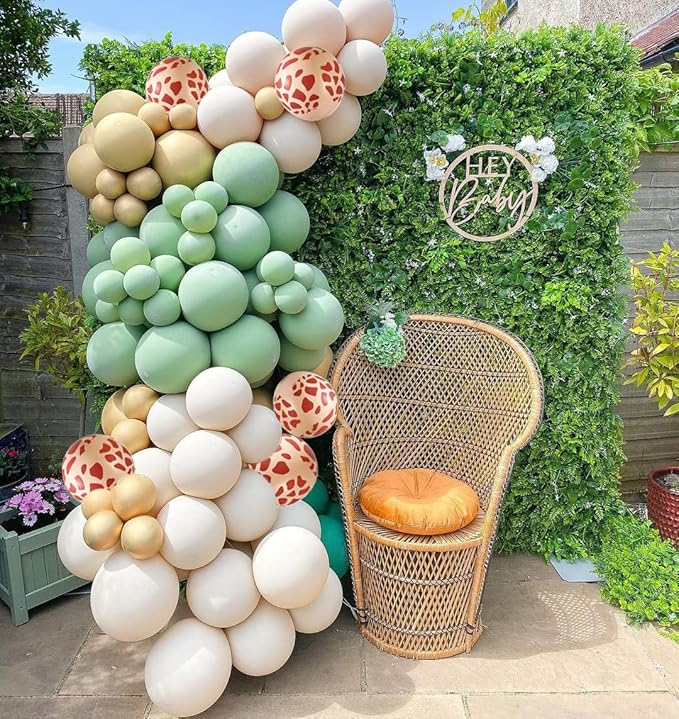 Safari Jungle Balloons Kit, 50pcs Sage Green White Sand Gold Balloons with Animal Print Balloons for Wild One Tropical Party Supplies Olive for Boy First Bithday Baby Shower Jungle Theme Party
