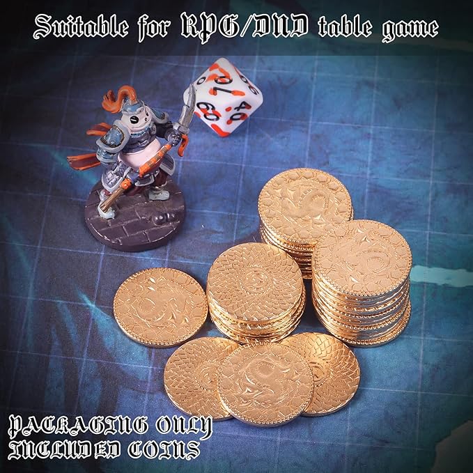100 Metal Gloden Coins with Leather Bag, Fantasy DND Coins for Board Game Accessories, Actual Weight Gloen Game Token, DND Gift for DM, Treasure Hunt Coins, Medieval Cosplay Accessories