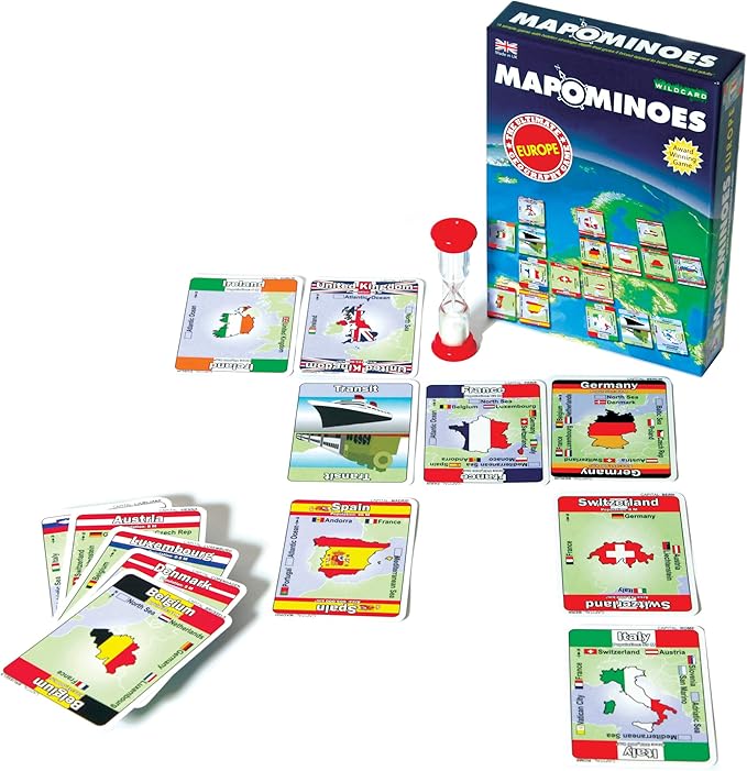 MAPOMINOES EUROPE – The Ultimate Geography Game – Fun and educational travel card game about connecting European countries for kids teens and adults. Like dominoes with maps.