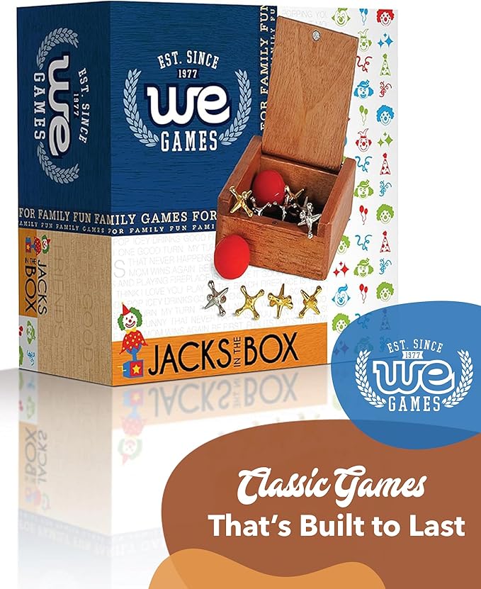 WE Games Metal Jacks Set – Classic Jacks Game with 2 Red Balls in Keepsake Wooden Box – Nostalgic Floor Game