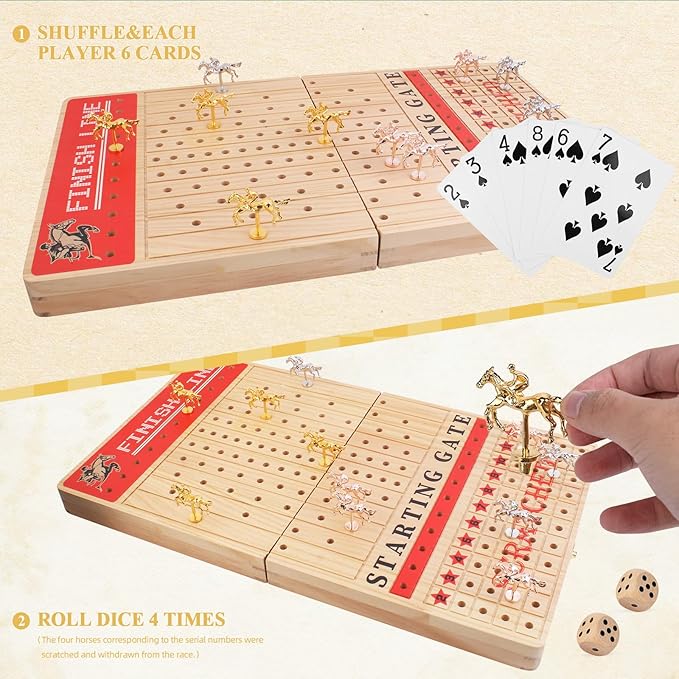 Horse Racing Board Game Set for Adults ， 21-Inch Foldable Solid Wood Adult Board Games with 11 Metal Horses, 2 Dice, and 2 Boxes of Cards for Adults Family Game Night Tabletop Game Party