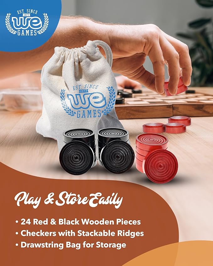WE Games Wooden Checkers Pieces with Drawstring Storage Bag - 24 Checker Pieces Only - Red & Black, 1.5-inch Diameter