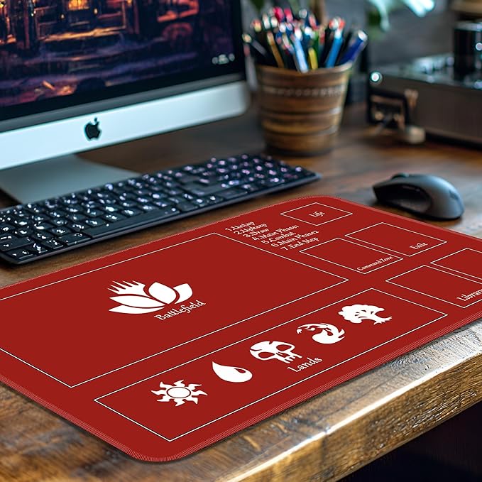 MTG Playmat Stitched with Magic Zone Non-Slip Rubber Backing Printing Commander Board Game Desk Mat Duel Mat TCG PTCG Playmat 24x14 inches and Free Storage Bags (Red)