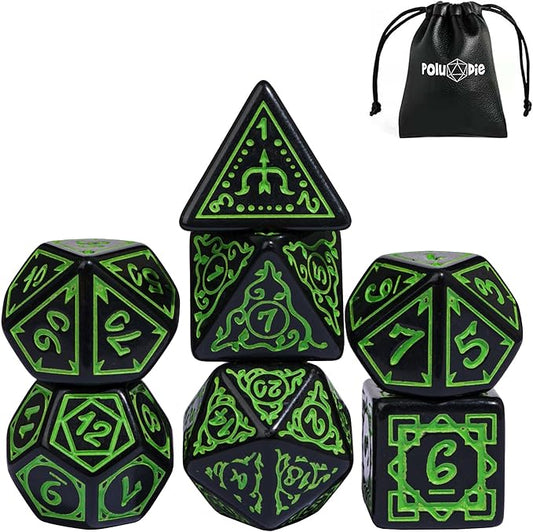 DND Dice Set -D&D Polyhedral Dice (7 Pcs) Druid Dice with Leather Dice Bag for Dungeons and Dragons Role Playing Dice Games RPGs(Druid - Black Green)