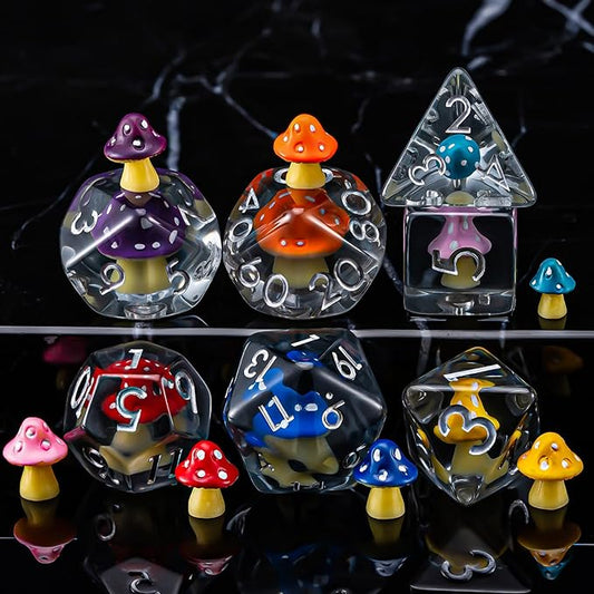 Resin Mushroom D&D Dice Set, Polyhedral Dice 7pcs (D4, D6, D8, D10, D12, D20, D%) for Dungeons and Dragons, RPG, MTG Role Playing Games