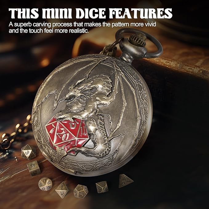 D&D Dice Set,7PCS Metal Dice for Dungeons and Dragons,Mini Dice Set with Pocket Watch Case,Role Playing Board Games Accessories (Dragon-R, Bronze)