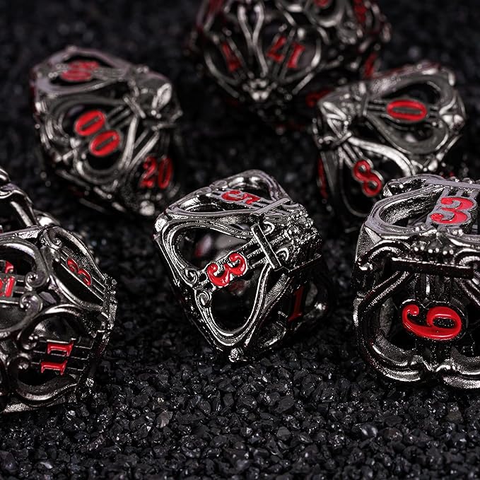 Cusdie 7-Die Metal Dice Set - Hollow Design with Bells - Crisp Sounding Gaming Dice in Tin Box - Perfect for Tabletop RPGs & Board Games(Black w/Red Numbers)