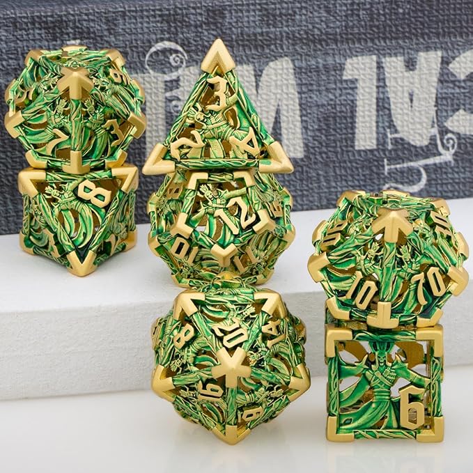 Hollow DND Dice Set Metal Wizard Dice with Box, 7pcs Green Polyhedral D and D Dice for use with D&D RPG Tabletop Games Role Playing Game