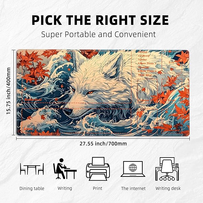 for MTG Playmat with Zones Storage Bag,for TCG Playmat and Playing Card Mat for Magic Board Games, Wolf Maple Leaf Non Slip Stitched Edges Game Mat, Rollable Foldable Card Playmats