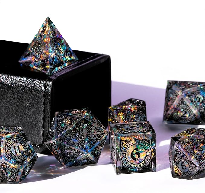Cusdie Sharp Edges Dice DND, 7 PCs D&D Dice, Handcrafted Polyhedral Dice Set, for Role Playing Game Pathfinder (Black Pattern)