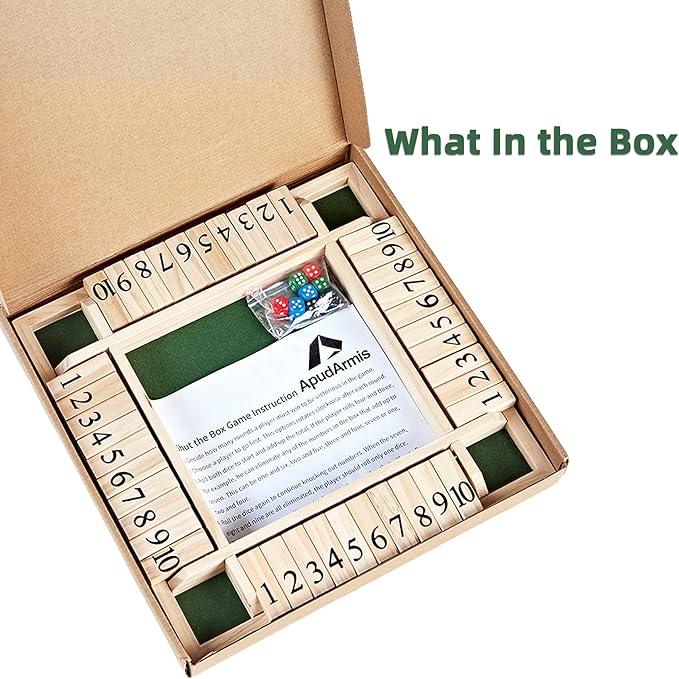 ApudArmis 4-Way Shut The Box 14 Inches, Large Wooden Board Game Set with Dice, Shut-The-Box for Kids & Adults - Learning Addition Classroom Home Party Pub