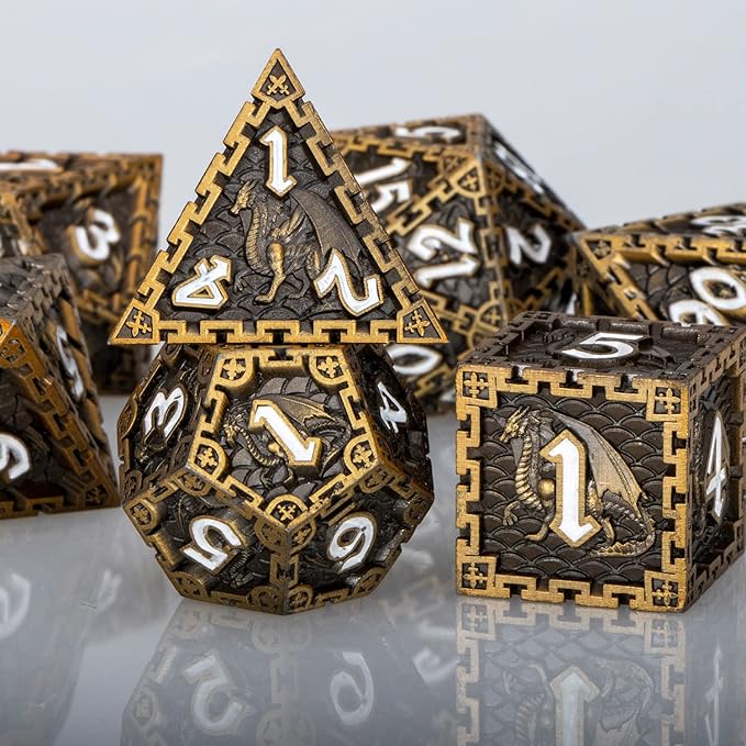ARUOHHA DND Metal Dice Set Dragon Design Dice Set with Gift Box, Role Playing Games Antique Gold Polyhedral RPG D and D Dice D20 D12 D10 D8 D6 D4