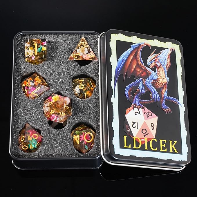 DND Dice Set Dungeons and Dragons Dice Sharp Edged Dice Set of 7 DND Faceted Dice Golden Numbers and Beautiful Iron Box Perfect for Dungeons & Dragons RPG and Board Game(Flowers Moss)
