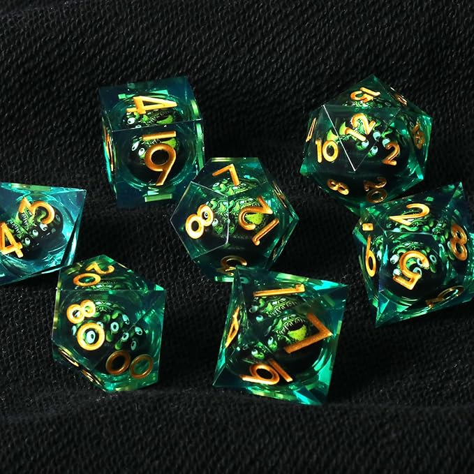 Cthulhu Beholder Polyhedral Resin Dice Set for Dungeons and Dragons Sharp Edge 7 PCS for D&D RPG Starter and Role-Playing Games, with Gift Box (Black-Green)