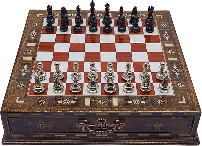 12.6’’ Handmade Walnut Chess Set with Zamak Metal Pieces, Wooden Chess Set with Storage, Birthday Gift for Him, Handmade Chess Gift, for Him (Black-Silver Pieces)