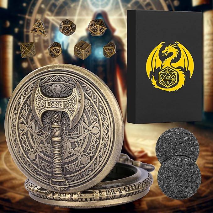 Mini DND Dice Set with Steampunk Barbarian Axe Pocket Watch Shell Case, 7pcs Polyhedral Metal DND Dice Set, D&D Gifts with Gift Box, Role Playing Board Games DND Accessories, Bronze