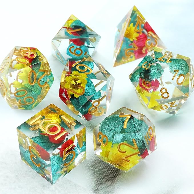 Haxtec Flower Sharp Edge Dice Resin DND Dice Set 7PCS Yellow Blue Red Polyhedral D&D Dice for Role Playing Dice Games as Dungeons and Dragons