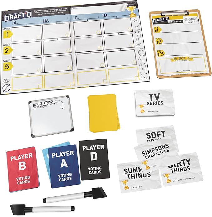 Spin Master Games, Draft’d, Competitive Drafting Party Game with Hilarious Prompts for College Nights, Football Watch Parties, Happy Hour Activity, for Teens & Adults, 3-5 Players, for Ages 14 & Up
