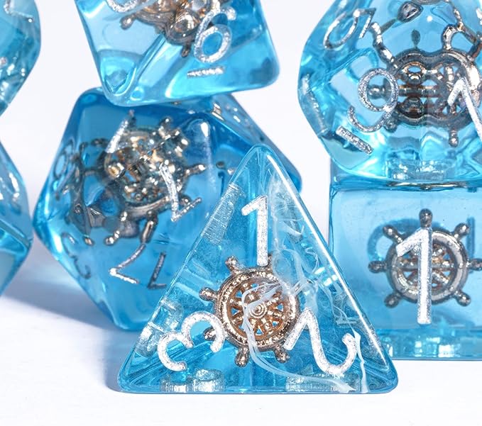 UDIXI 7PCS Polyhedral Dice Set D&D Filled with Rudder, Blue DND Dice with White Floating Silk for Dungeons and Dragons RPG and Other Tabletop Games