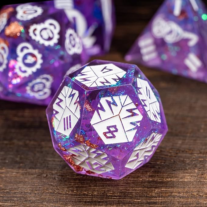 Cusdie Sharp Edges DND Dice, 7 PCs D&D Dice, Handcrafted Polyhedral Dice Set, for Role Playing Game Pathfinder(Purple/Roman Numerals)