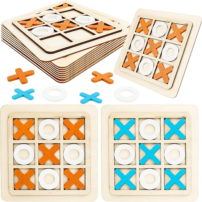 12 Pack Wooden Tic Tac Toe Games Wood Tic-Tac-Toe Bulk XO Table Chess Board Game for Boys Girls Family Activities Educational Toys Birthday Party Favors