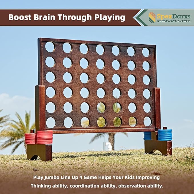 Giant 4 in A Row Game, Wooden Jumbo 4-to-Score Set for Indoor & Outdoor Family Fun-Line Up Four Travel Board Games with 42 Coins & Ring Holders & Carrying Bag