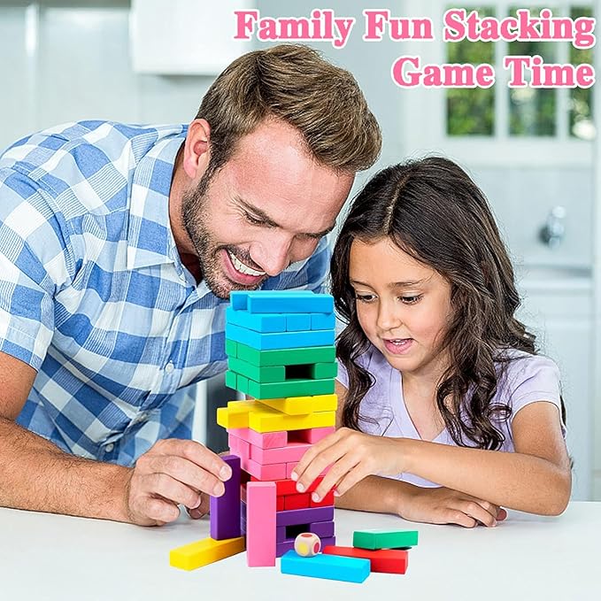 48 Pieces Stacking Board Game,Wooden Stacking Colorful Stacking Board Games,Tumble Tower with Dice,Stacking Building Blocks for Kids Boys Girls Gifts,Stacking Game with Storage Bag