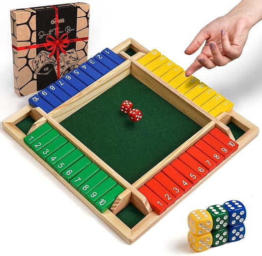 Wooden Shut The Box – Indoor Dice Game – Ideal for 2-4 Players – Great Family Game – Colorful Design - Comfortable Felt – Smart Math Game for Kids – Fun Learning Board Game - Nice Gift Packaging