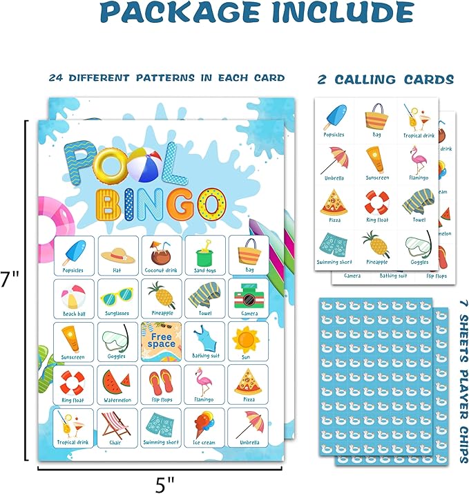 Pool Party Bingo Card Game, Summer Bingo Game for Adults, Pool Party Supplies, Favors, Beach Party Decorations, Pool Birthday Games – 24 Players Bingo Game, C12
