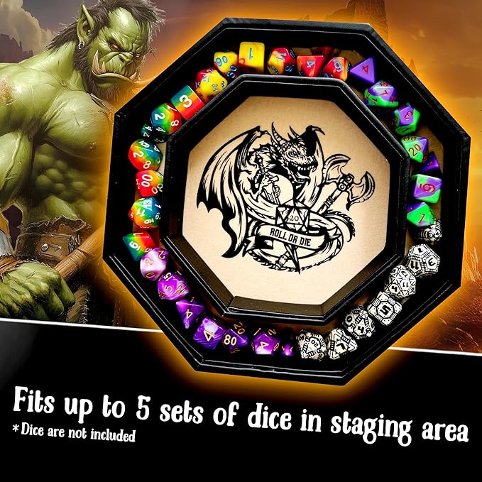 Chromatic Fire Dragon Dice Tray with Dice Sword Artwork – 9" Octagon with Lid, Holds 5 Dice Sets – Perfect for D&D, Call of Cthulhu, Shadowrun, and All Tabletop RPGs