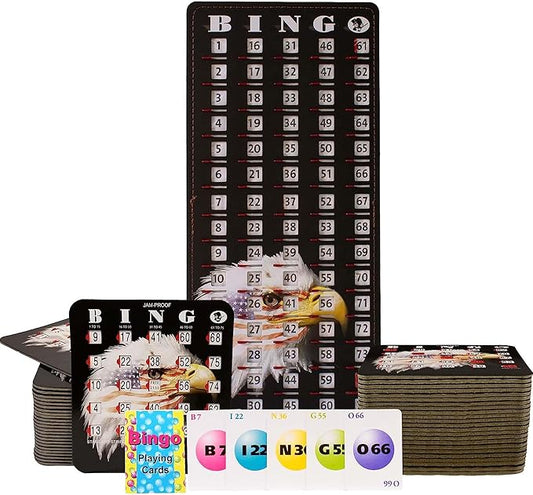 MR CHIPS Jam-Proof Bingo Cards with Sliding Windows, 50 Reusable Shutter Cards, 75 Calling Cards 1 Master Board in Star and Strips Style
