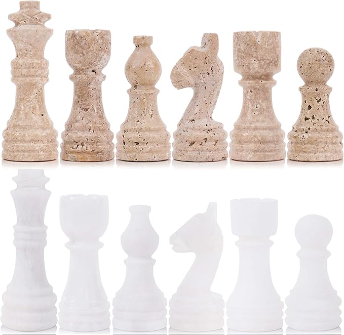 Marble Chess Pieces 3.5 Inch Travertine and White Stone Figures for Classic Chess and Checkers Board, Draughts & Travel Chess Set, Ideal Strategy Board Games for Adults & Family