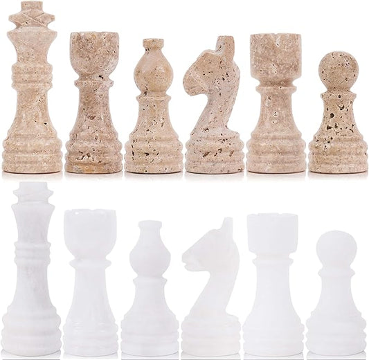 Marble Chess Pieces 3.5 Inch Travertine and White Stone Figures for Classic Chess and Checkers Board, Draughts & Travel Chess Set, Ideal Strategy Board Games for Adults & Family