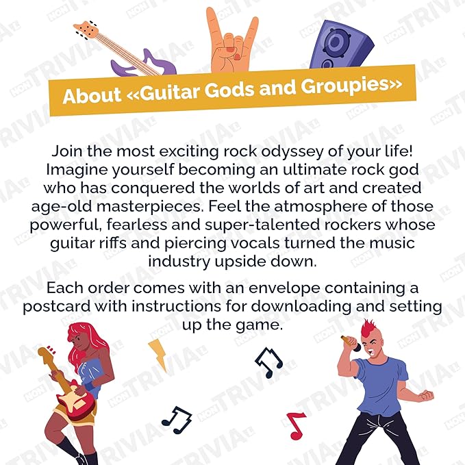 Couch Trivia Digital Game A Fun and Educational Game About Music with Virtual Host for Adults (Guitar Gods and Groupies)