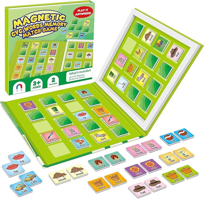 Torlam Magnetic CVC Word Match Game, Phonics Memory Games for Kids, Travel Party Camping Road Family Night Airplane Car Trip Activities for Preschool Kindergarten Kids Educational Homeschool Supplies