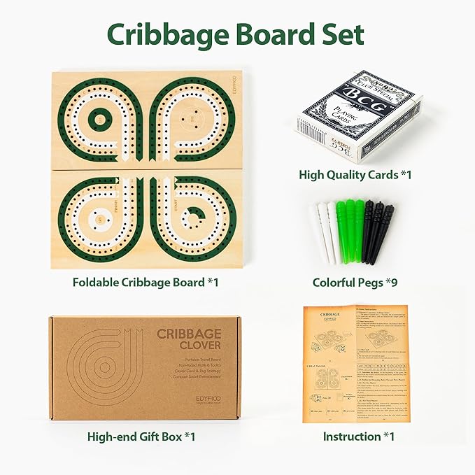 Foldable Wooden Cribbage Board Set, Unique 3-Track Travel Board with Storage & Magnetic Closure, 9 Multi-Colored Pegs, Full Playing Card Deck, Portable Family Game for Adults, Kids, Gatherings & Gifts