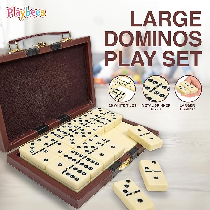 Dominos Set for Adults and Kids, Large Jumbo Double Six Dominoes Set with Spinner, Extra Thick Ivory Big Dominoes in Wooden Case, Family Game