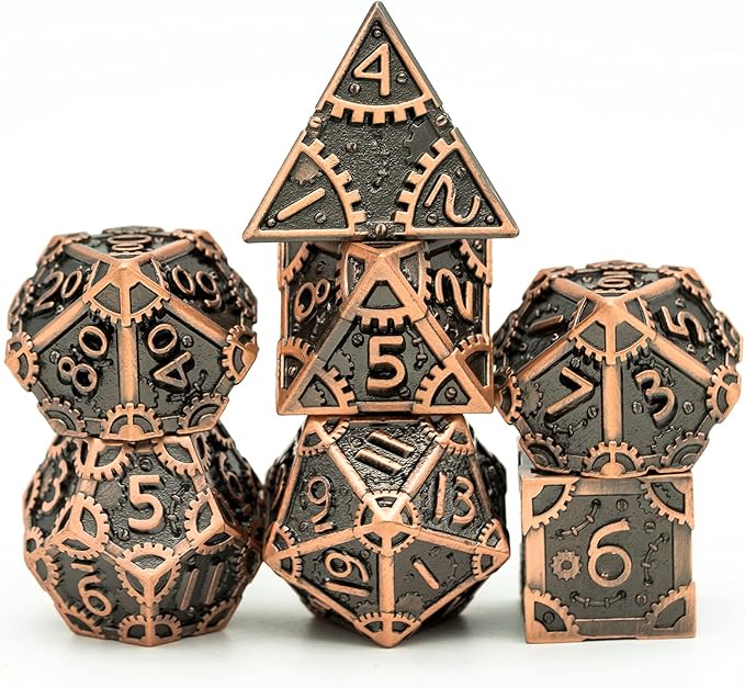 UDIXI Steampunk Metal Dice Set 7 Die Polyhedral DND Dice Set D&D Dice for Dungeons and Dragons Role Playing Game and Math Teaching (Ancient Copper)
