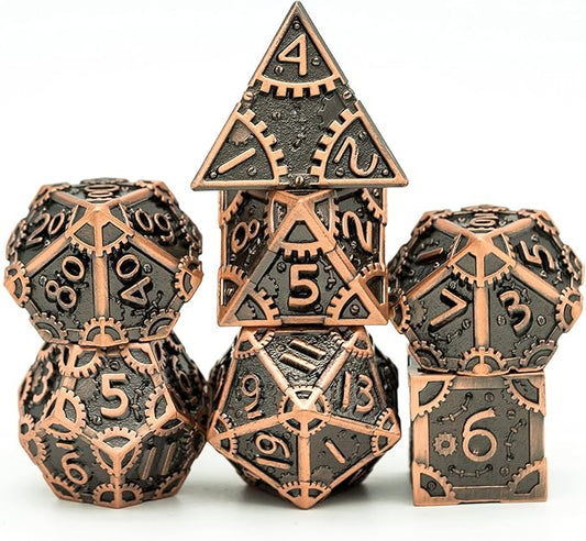 UDIXI Steampunk Metal Dice Set 7 Die Polyhedral DND Dice Set D&D Dice for Dungeons and Dragons Role Playing Game and Math Teaching (Ancient Copper)