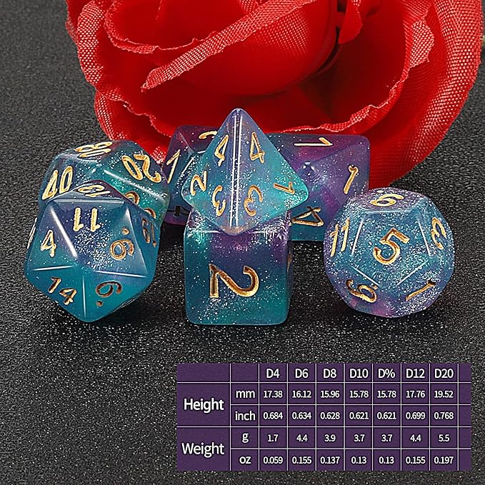 QMAY DND Dice Set -D&D Polyhedral Dice (7 Pcs) for Dungeons and Dragons (Purple Light Blue Glitter)