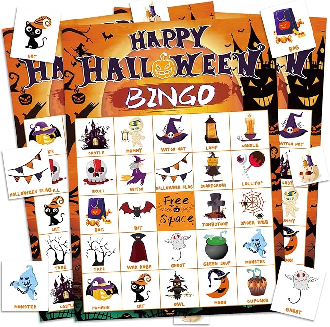 Halloween Bingo Set - 24 Player Game with Bingo Cards for Adults, Family Activities & Party Supplies