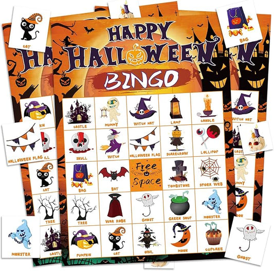 Halloween Bingo Set - 24 Player Game with Bingo Cards for Adults, Family Activities & Party Supplies