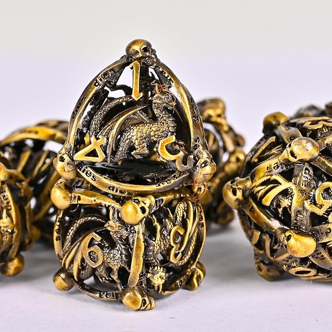 DND Metal Dice Set, UBEUCK 7PCS Gear Metal DND Dice Set for Dungeons & Dragons Board Games Boxes (Gold dice)